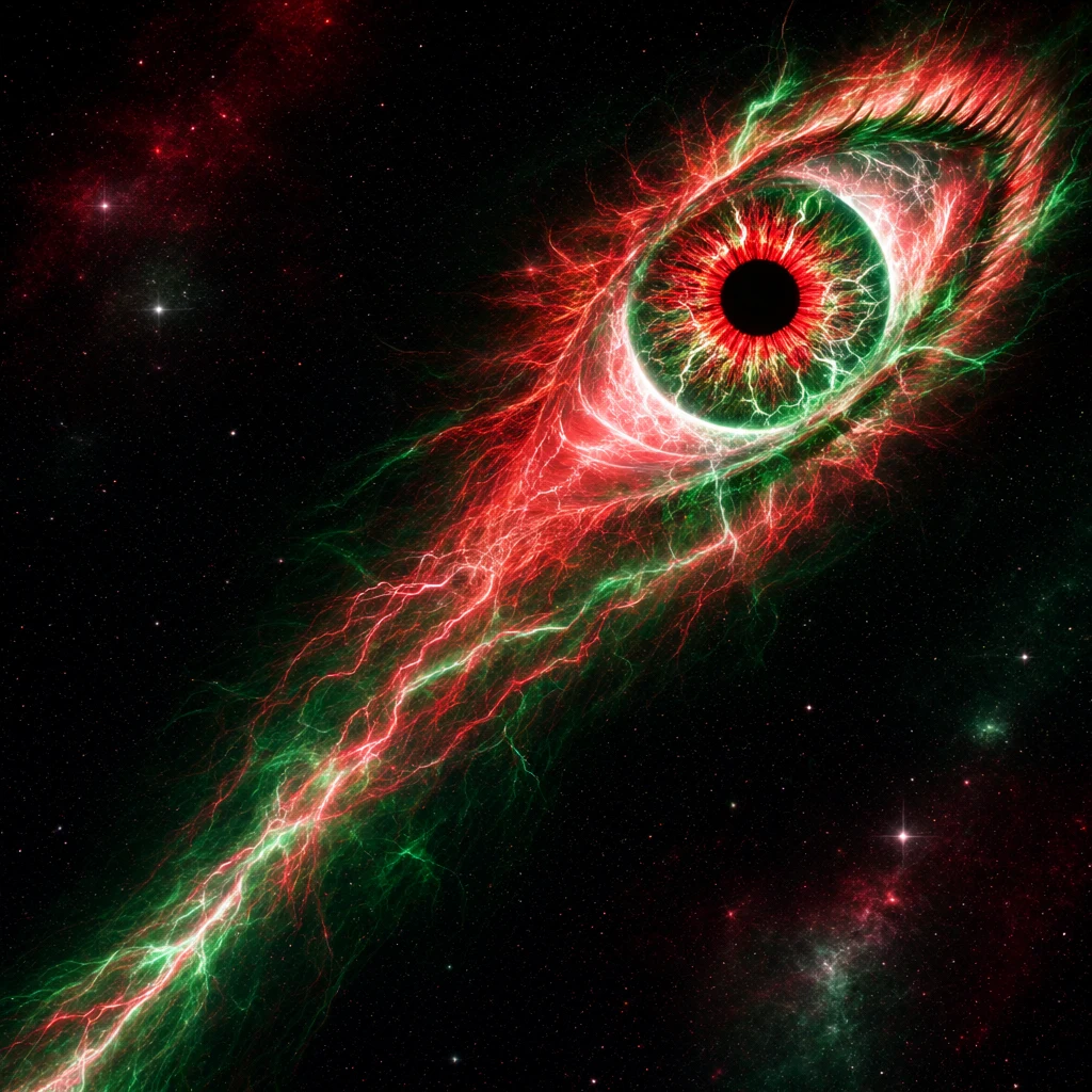 A crimson and emerald eye of electric energy surging through space